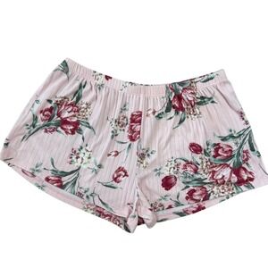 Pink Floral Ribbed Knit Sleep Shorts Red Tulip Print Lounge Pajama Bottoms Small
